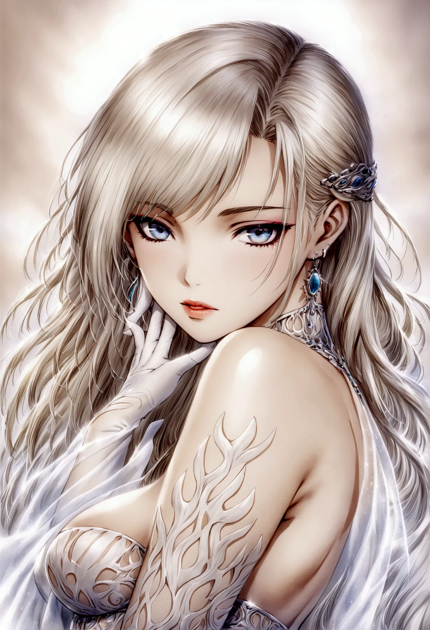 create a hyper detailed photograph of a luis royo youthful stunningly glamorous girl, stunningly perfect gorgeous face, perfect ...