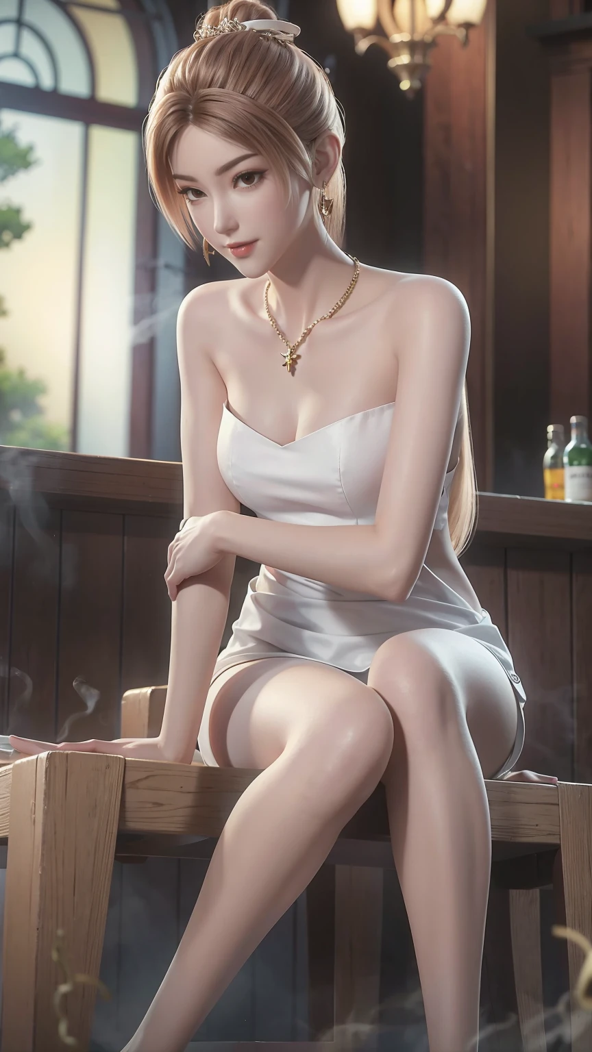 ((Shot in the knee)), ((From below)),A young girl, At the bar, sit on the chair, Cross your legs, Posing elegantly, Detailed scenario, Messy long hair, Brown hair, Light makeup, Blush Blush, Beautiful slender legs, (Very high color saturation), details, Ultra Detailed, (masterpiece, Best quality), (Extremely exquisite and beautiful work), Delicate earrings, Exquisite necklace, Simple blur background, Extremely detailed description,  Super Fine, Delicate face, slim body, Thin waist, (Grin), (Anatomically correct)，whole body，barefoot