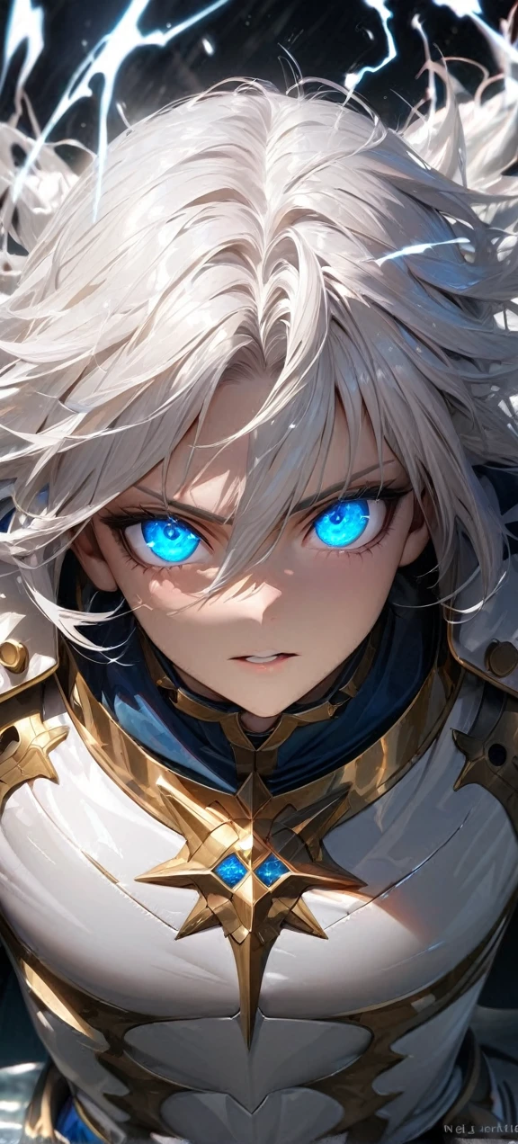  High quality, ultra realistic,absurdres, highres, ultra detailed, HDR, masterpiece, extremely detailed face and eyes,  Sagitarius Seiya, Saint Saiya , White Shinning Angel white Armor, solo, white hair,man, handsome, ,white eyeleshes, blue eyes , angel expresion, white splashing effect, white  lightning  effect,glowing glitters , symetrical , black aura