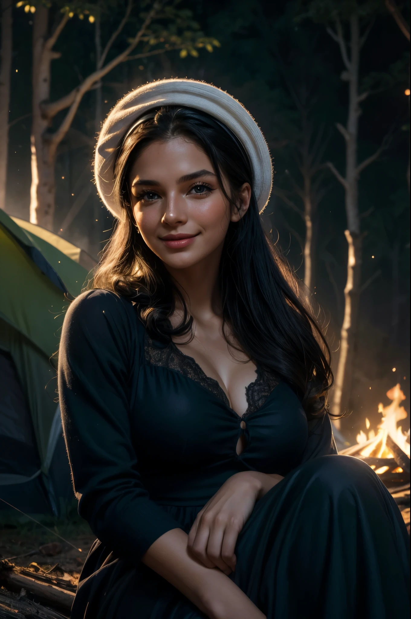 masterpiece, best quality, extremely detailed, hyperrealistic:1.1, photorealistic, a beautiful 20s russian model, ultra detailed face:1.1, white crochet hat, sunglasses on head:1.1, navy dress, black hair, in the night:1.2, warm hue, warm tone, with stars and milky way trails:1.1 sitting near campfire, in a forest, real steam visible, smoke, shadows, tent, joyful smile:1.1, dynamic pose
