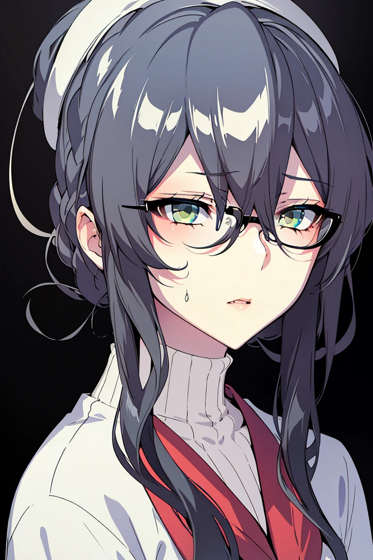 ((4k,masterpiece,best quality)), 1girl, adult, adult woman, solo, black hair with red highlights, yellow eyes, look at viewer, naval uniform, glasses, bags under eyes, tired, medium hair, serious