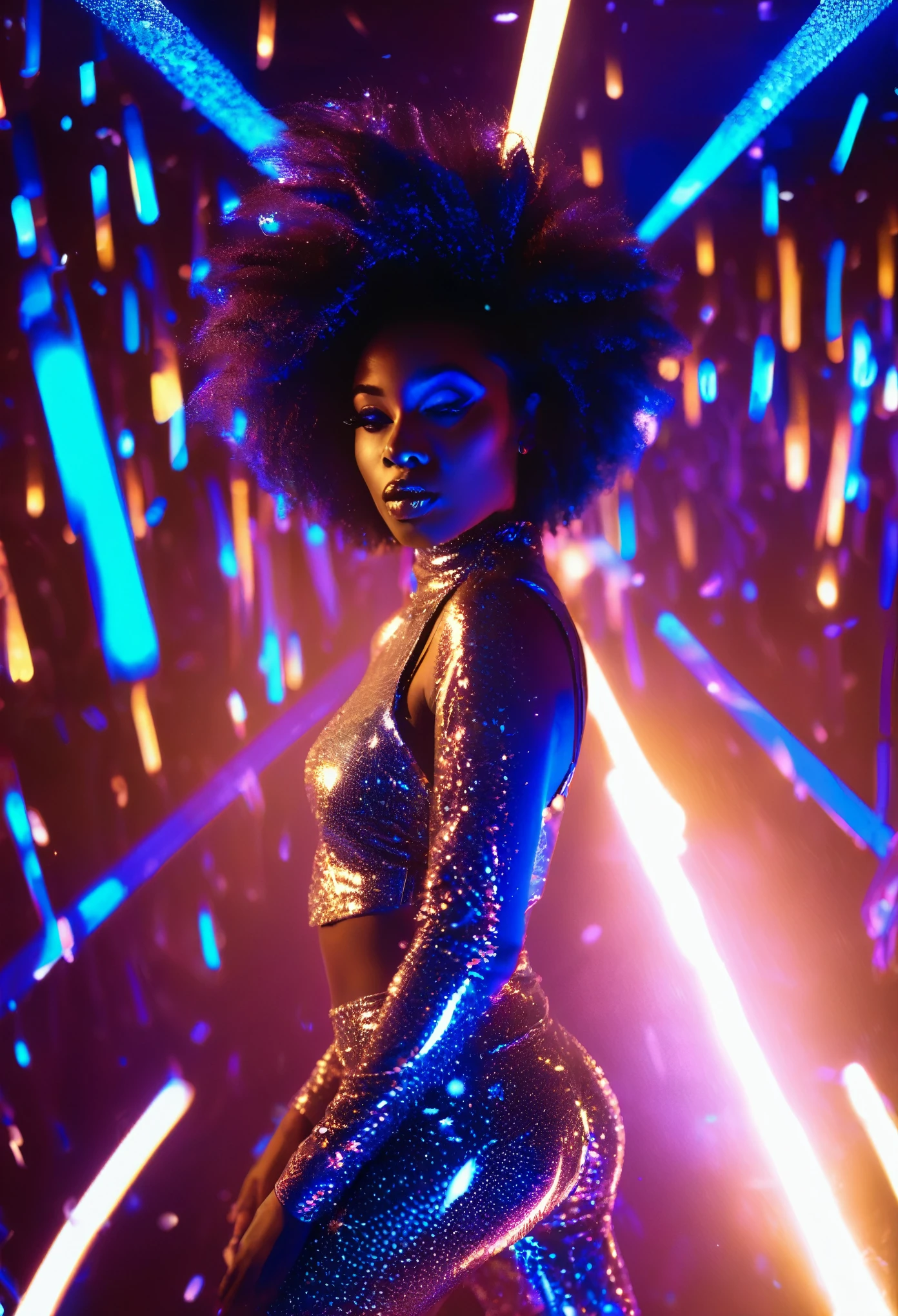 Side angle shot of black woman standing model pose in a night club with blue glittering particles shining in the tunnel , black and white picture with only the blue particles in the night club in colour, people dancing and having fun in the night club, ultra HD, cinematic lighting, 32k 