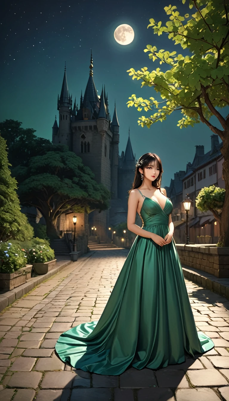 (Full moon night、A black-haired girl is walking through the castle courtyard), (highest quaLightingy, 4K, High resolution, masterpiece:1.2), Very detailed, (Realistic, photoRealistic:1.37), High resolution, (crimson, green) Color Palette, ((Shadow treatment for a three-dimensional, lustrous complexion:1.5)), (soft, kind) Lighting, (Oil, dream-like) Moderate, The moonlight reflects beautifully on the cobblestone floor.., Intricate architectural details of the city walls, (Flowing, Mysterious) Gown fluttering in the wind, (mysterious, attractive) atmosphere, (subtle, delicate) Shadow of the moon, (Whispering voice, Rustling) Ancient Tree Leaves, (silhouette, Towering) A spire stretching into the night sky, Twinkling stars light up the landscape, hour々I hear the owl hoot、Quiet night sounds.