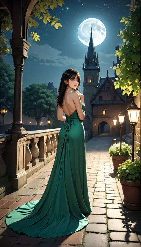 (Full moon night、A black-haired girl is walking through the castle courtyard), (highest quaLightingy, 4K, High resolution, maste...
