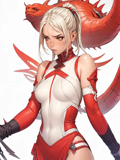 (((red and white checkered pattern))), The most powerful girl on the planet with an aggressive evil dragon outfit, arms with sca...