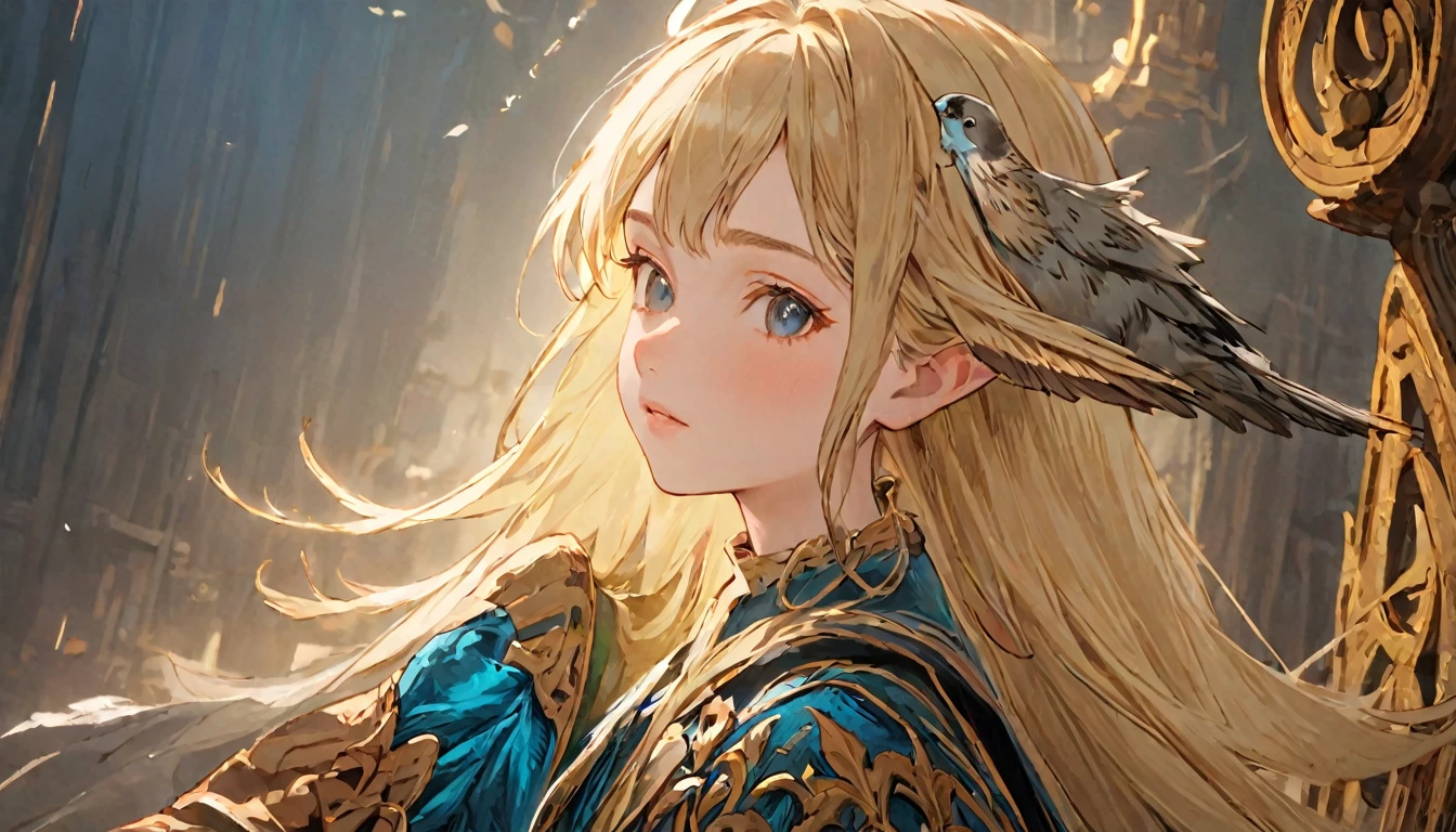 Female Adventurer, whole body, Game Art Style, (masterpiece),  Highest quality, High resolution, 4K, 8k, Detail View, Intricate details, Cinema Lighting, Great quality, 1 Girl, bird、Bird、Close your eyes and sing passionately、Elf Ears、Ash Blonde Hair, Great shade, Soft lighting, Facing camera, Perfect Eyes