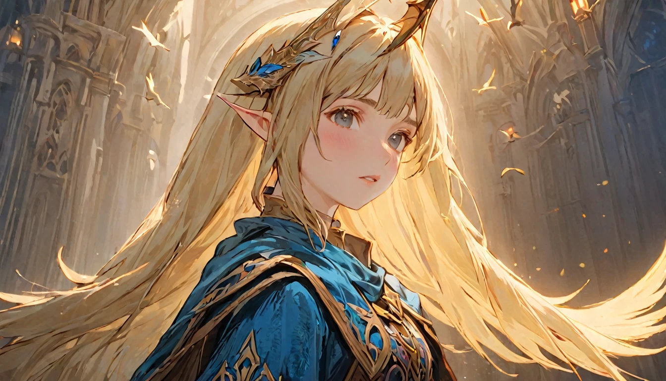 Female Adventurer, whole body, Game Art Style, (masterpiece),  Highest quality, High resolution, 4K, 8k, Detail View, Intricate details, Cinema Lighting, Great quality, 1 Girl, bird、Bird、Close your eyes and sing passionately、Elf Ears、Ash Blonde Hair, Great shade, Soft lighting, Facing camera, Perfect Eyes