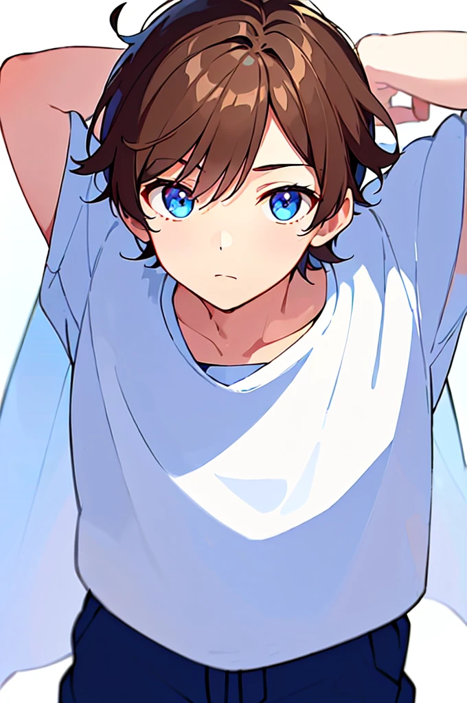[(WHITE BACKGROUND:1.5),::5], (((masterpiece))), high quality, very_high_resolution, large_filesize, full color, Solo, (1 little boy), 13 old year, (men's short brown hair), vivid color, Blue eye, summer clothes, anime style