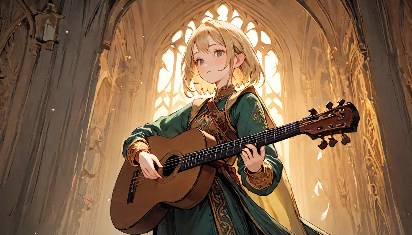 Female Adventurer, whole body, Game Art Style, (masterpiece),  Highest quality, High resolution, 4K, 8k, Detail View, Intricate details, Cinema Lighting, Great quality, 1 girl, bird、Bird、Playing the lute、Playing the lute、((Close your eyes and sing passionately:1.2))、Elf Ears、Ash Blonde Hair, Great shade, Soft lighting, Facing camera, Perfect Eyes,Black Hair,short hair