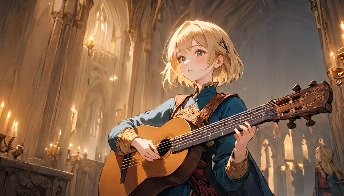 Female Adventurer, whole body, Game Art Style, (masterpiece),  Highest quality, High resolution, 4K, 8k, Detail View, Intricate details, Cinema Lighting, Great quality, 1 girl, bird、Bird、Playing the lute、Playing the lute、((Close your eyes and sing passionately:1.2))、Elf Ears、Ash Blonde Hair, Great shade, Soft lighting, Facing camera, Perfect Eyes,Black Hair,short hair