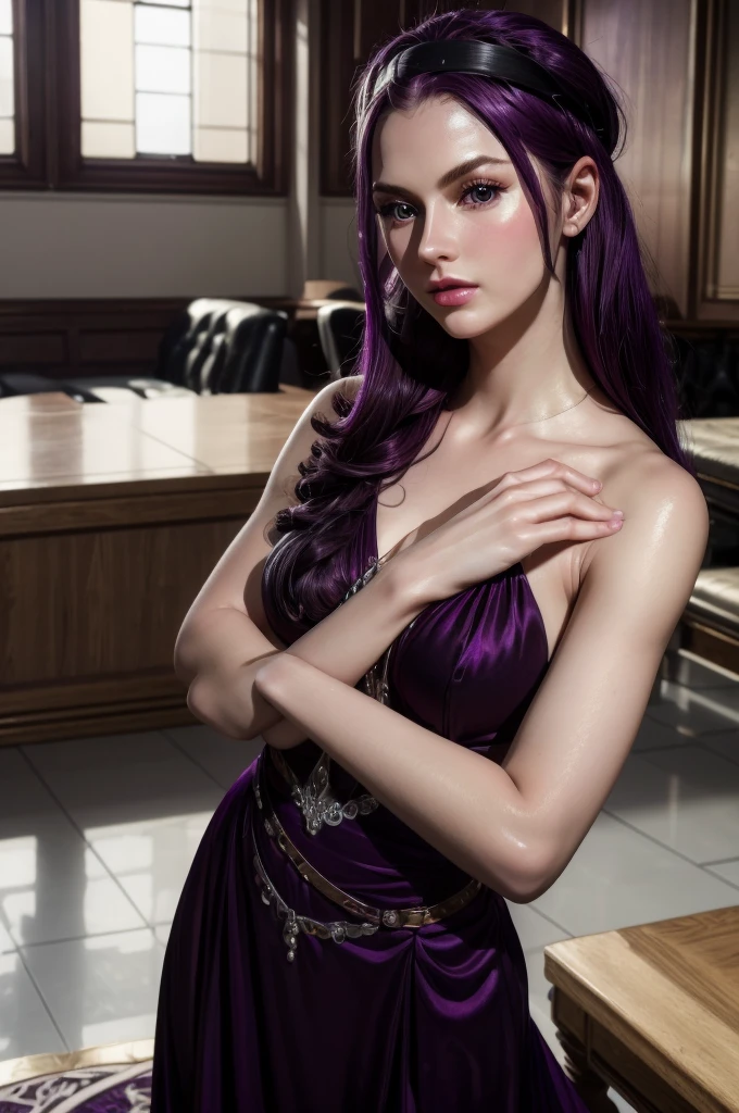 masterpiece, best quality, extremely detailed, hyperrealistic:1.1, photorealistic, a beautiful 20s russian model, ultra detailed face:1.1, purple hair-band, purple dress, black hair, x-arms:1.3, eye closed:1.3, detailed lobby
