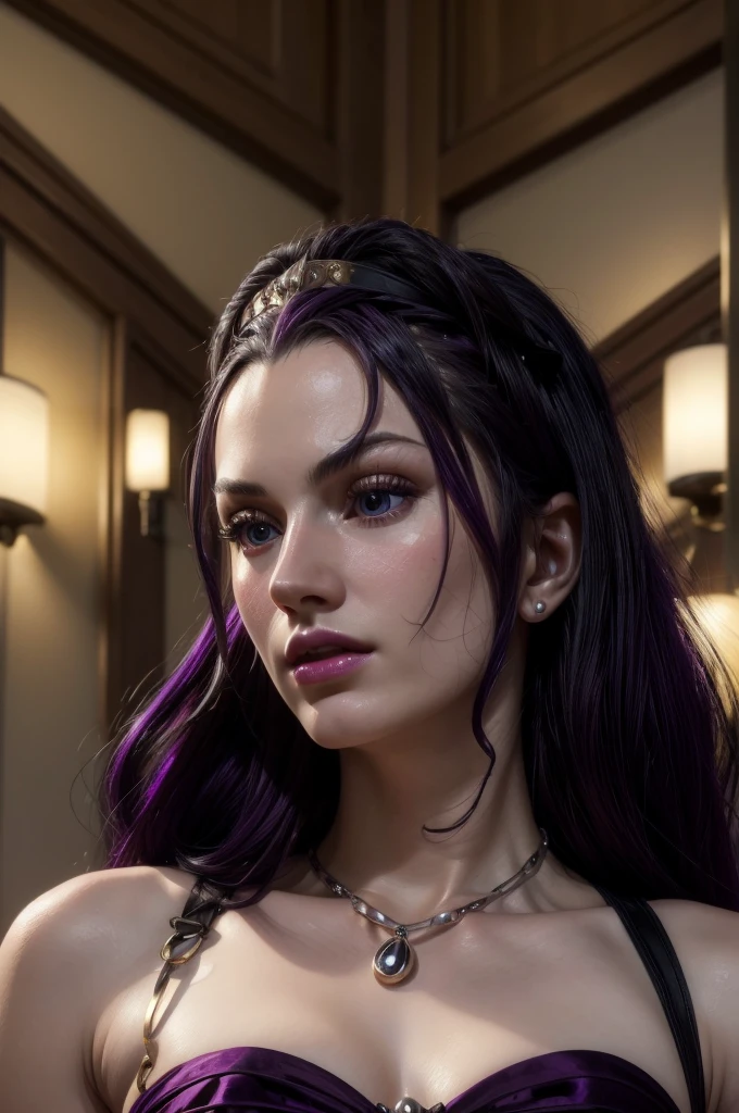 masterpiece, best quality, extremely detailed, hyperrealistic:1.1, photorealistic, a beautiful 20s russian model, ultra detailed face:1.1, black hair, purple hair band, purple dress, x-arms:1.3, eye closed:1.3, detailed lobby
