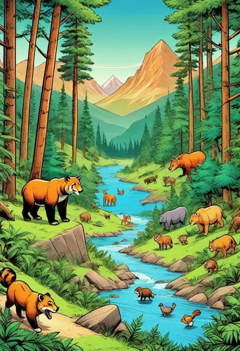 Comic Book, animals, in the forest, trees, mountain,