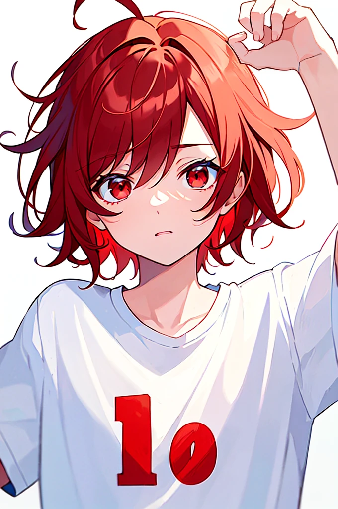 [(WHITE BACKGROUND:1.5),::5], (((masterpiece))), high quality, very_high_resolution, large_filesize, full color, Solo, (1 little boy), 13 old year, (short red hair), vivid color, Red eye, white shirt, upper body, anime style