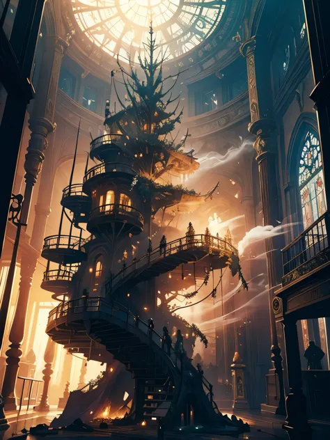 Dreamlike Art Tree Live, Colored smoke, Insane Details, steampunk detail, Intricate details, Very detailed,