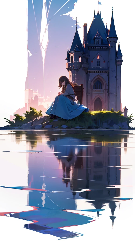 Abandoned castle facing the lake, Girl sitting on the water，Another boy emerged from the water，Reflecting the glorious years，The girl&#39;s reflection appears as a girl&#39;s lover，，Silhouette，Back，High contrast light，The lower part of the picture is a boy