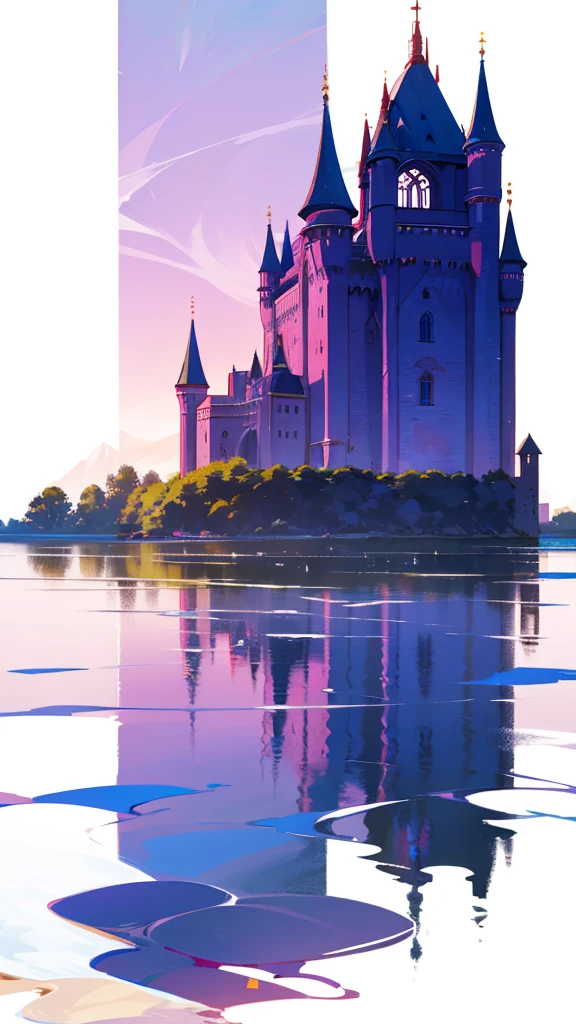 Abandoned castle facing the lake, Girl sitting on the water，Another boy emerged from the water，Reflecting the glorious years，The girl&#39;s reflection appears as a girl&#39;s lover，，Silhouette，Back，High contrast light，The lower part of the picture is a boy