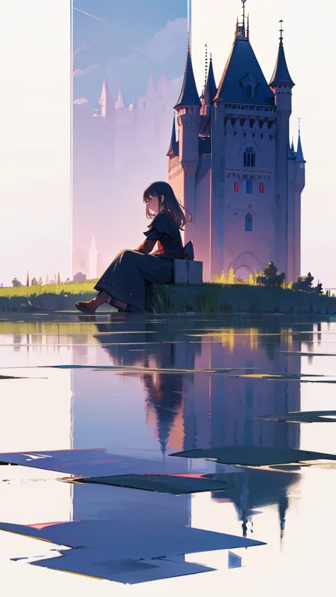 Abandoned castle facing the lake, Girl sitting on the water，Another boy emerged from the water，Reflecting the glorious years，The...