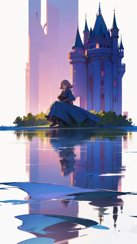 Abandoned castle facing the lake, Girl sitting on the water，Another boy emerged from the water，Reflecting the glorious years，The...