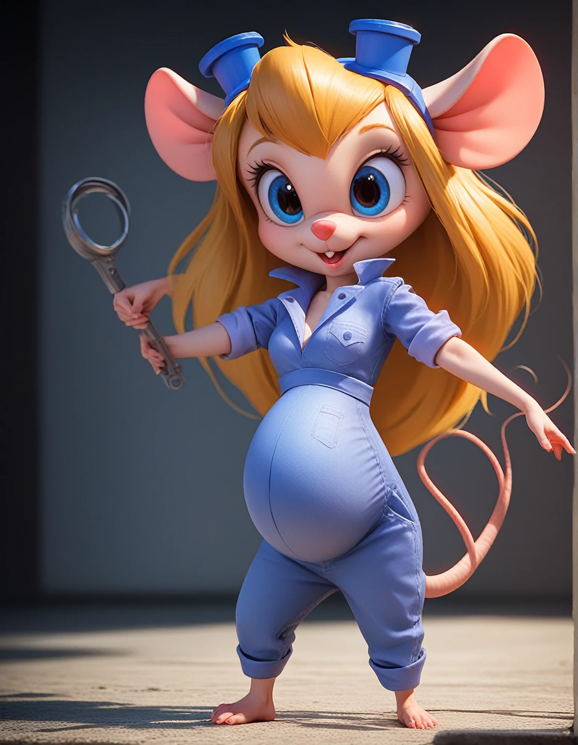 score_9, score_8_up, score_7_up, source_realistic, highly realistic, (absurd resolution), intricate details, zPDXL2, asymmetrical, concept art, raw photo,
1girl, tiny shrunken anthro mouse girl, chibi, gadget hackwrench, sparkling blue eyes, long blonde hair, medium breasts, wearing blue denim jumpsuit with sleeves rolled up, welding goggles on head, barefoot, cute pose,
huge tools, mouse hole,
dynamic angle, cinematic lighting, detailed fur texture, detailed eyes, detailed background, volumetric lighting, subsurface scattering,
Expressiveh, hyper-pregnant 