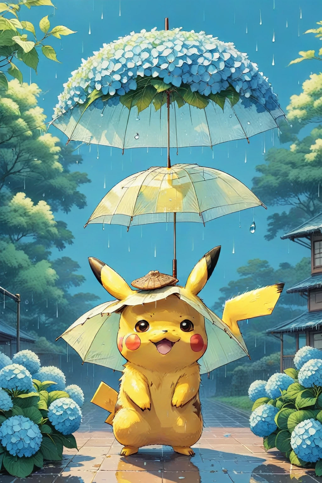 ((anime:1.4,illustration)),(masterpiece, top quality, best quality),(ultra-detailed, absolutely resolution),((16k, high res)),

(((A sphere made of hydrangeas, Pikachu standing on it,
Pikachu holding an umbrella, rain, light blue background))

((cozy lofi illustration:1.4)), ((anime:1.4, illustration)),(masterpiece, top quality, best quality),(ultra-detailed, absolutely resolution),((16k, high res)) BREAK {lofi art, style of Laurie Greasley, style of Makoto Shinkai, anime aesthetic}, BREAK { (produces images with information than 40 million pixels with cinematic-like detailed textures shot on a Sony SLR).}