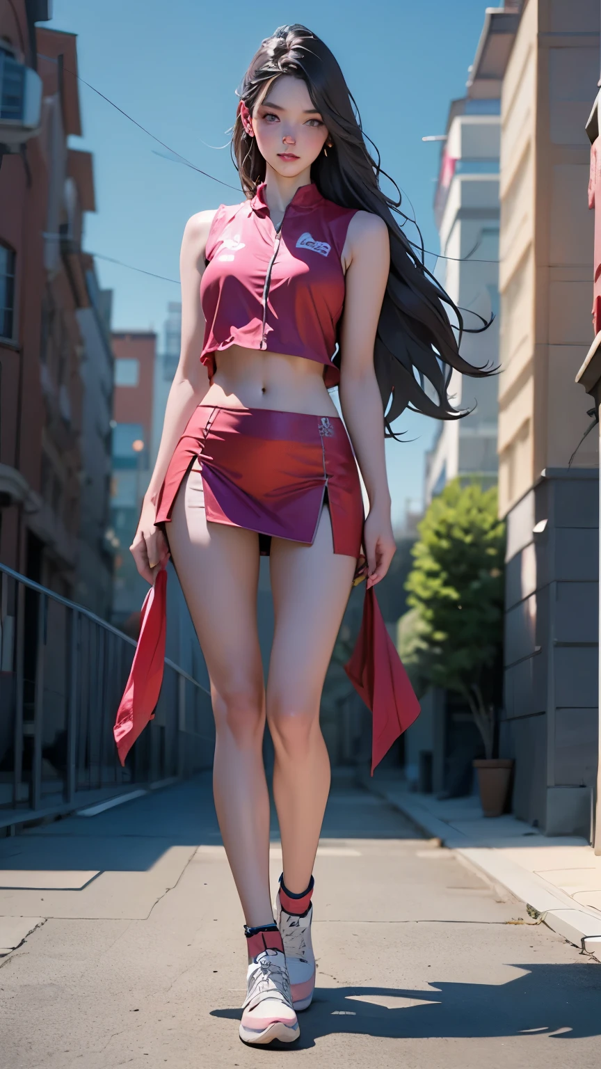 25-year-old young woman: 1.3, Long hair: 1.2, Sports suit: 1.2，Sleeveless vest，Short skirt，Navel，pink，Female movements, square: 1.2, light, Surrealism, Ultra HD, precise, Super Detail, Textured Skin, High Detail, best quality, 8K，Full body image，City，Standard split horse，Hyperrealism，Ultra-realistic，8K，original photo，