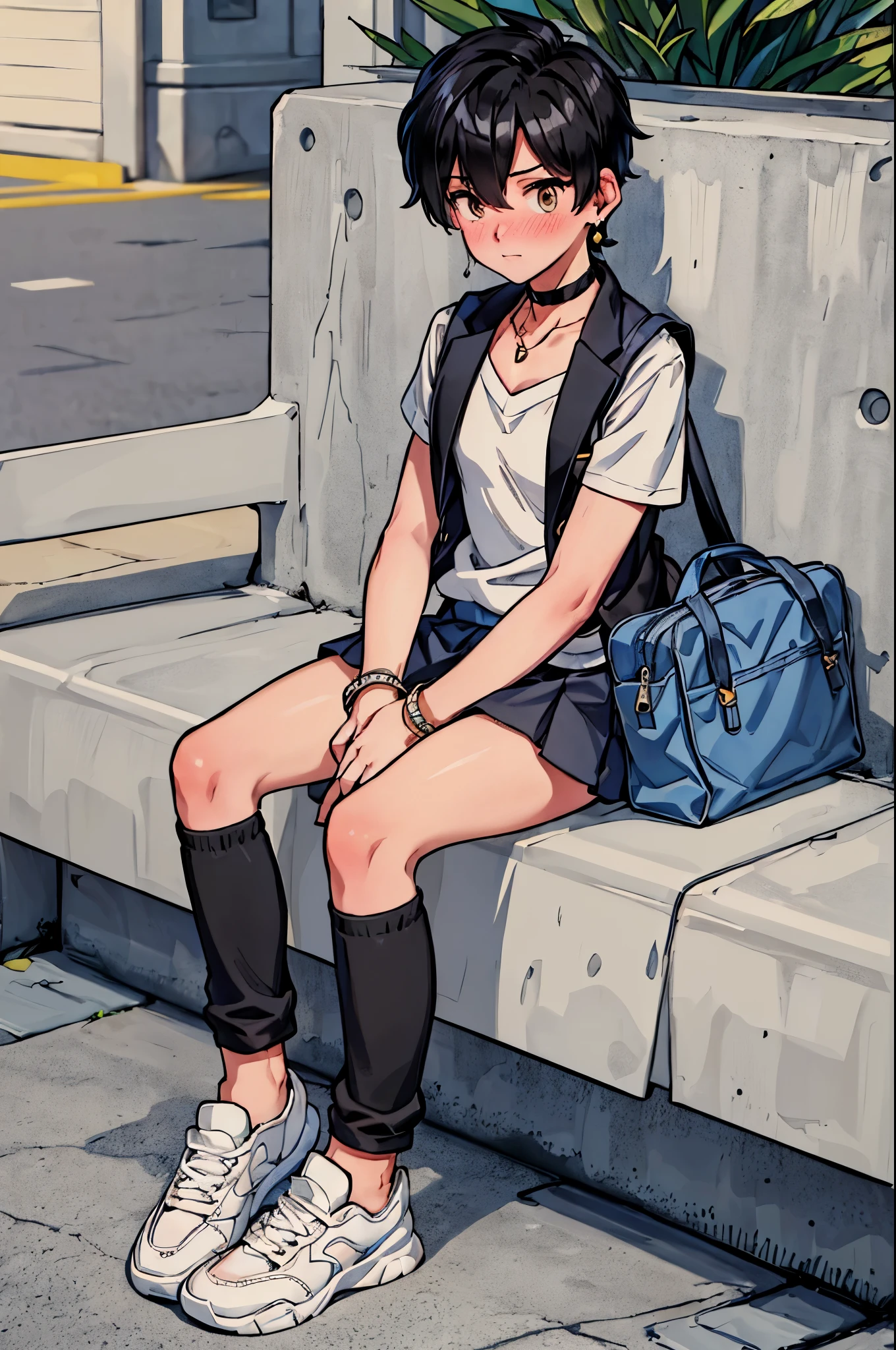 Anime girl sitting on a bench with a backpack and a backpack - SeaArt AI