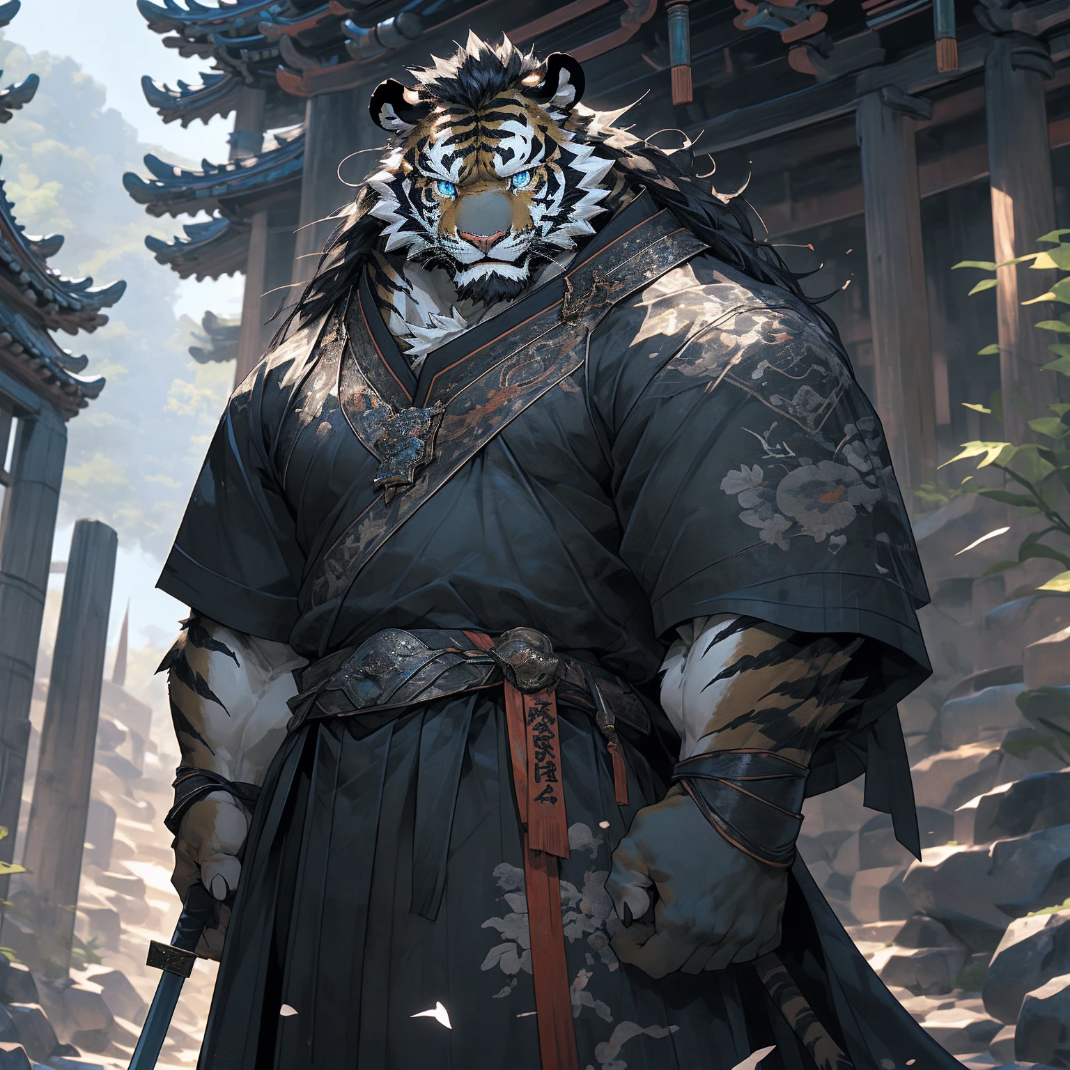 (Black Tiger),(黑色general战袍),Holding a sword,Powerful gesture,Stand confidently and proudly,(The Great Wall and the desert Gobi as the background:1.2.Great Wall),abdominal muscles,Heroic Stance,A perfect masterpiece,Various facial details,Long-term perspective,specific description,masterpiece,CG,(Light blue eyes),Light black pattern,Black tail,general,Heroic Stance,tiger,Black fur,Specific facial details,Half Body,(黑炭general战履),(Chang Ling),((middle aged)),(Face Focus),(16K),HD,Red and white belly,temple,beard,(Face line),Different students,(Black shirt),(Light black hair),Strong,muscle,(high resolution:1.3),Chinese style general holding a long sword，Looking into the distance