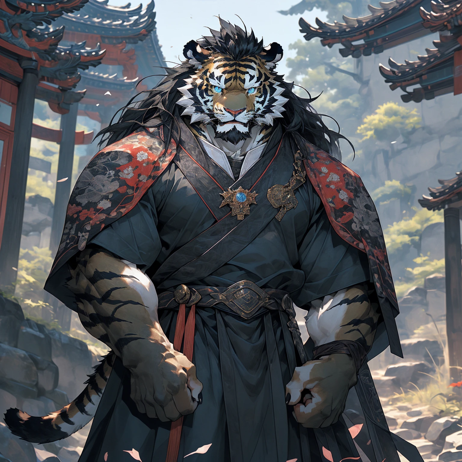 (黑色tiger),(黑色General战袍),Holding a sword,Powerful gesture,Stand confidently and proudly,(边塞Great Wall与沙漠戈壁为背景:1.2.Great Wall),abdominal muscles,Heroic Stance飒爽,完美的masterpiece,Various facial details,Long-term perspective,specific description,masterpiece,CG,(Light blue eyes),Light black pattern,Black tail,General,Heroic Stance,tiger,Black fur,Specific facial details,Half Body,(黑炭General战履),(Chang Ling),((middle aged)),(Face Focus),(16K),HD,Red and white belly,temple,beard,(Face line),Different students,(Black shirt),(Light black hair),Strong,muscle,(high resolution:1.3),Chinese style general holding a long sword，Looking into the distance