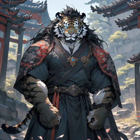 (黑色tiger),(黑色General战袍),Holding a sword,Powerful gesture,Stand confidently and proudly,(边塞Great Wall与沙漠戈壁为背景:1.2.Great Wall),abd...