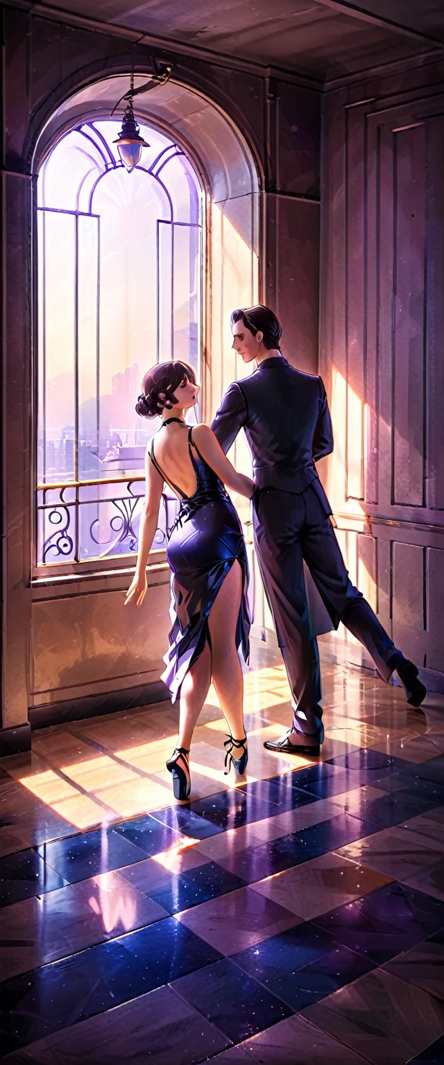 In an Art Deco Ballroom in the 1920s, Outside the window is a balcony. A narrow French window with an arched top leads out to the balcony., Outside, the sun has almost set, but the sky is a deep blue with a hint of purple., and small stars are shining in the dark blue sky, a small star is coming, outthere is a potted plant by the window, and a man and woman are dancing the tango facing each other. The man is facing forward and the woman has her back to the viewer. The man is wearing a black suit and the woman is wearing a purple long tight dress. The dress is sleeveless with a large V-shaped opening at the chest and a long slit, exposing their thighs. The room is dimly lit with only overhead lighting. The lighting is from directly above, and shadows are cast on the eye sockets, making it impossible to read their expressions.