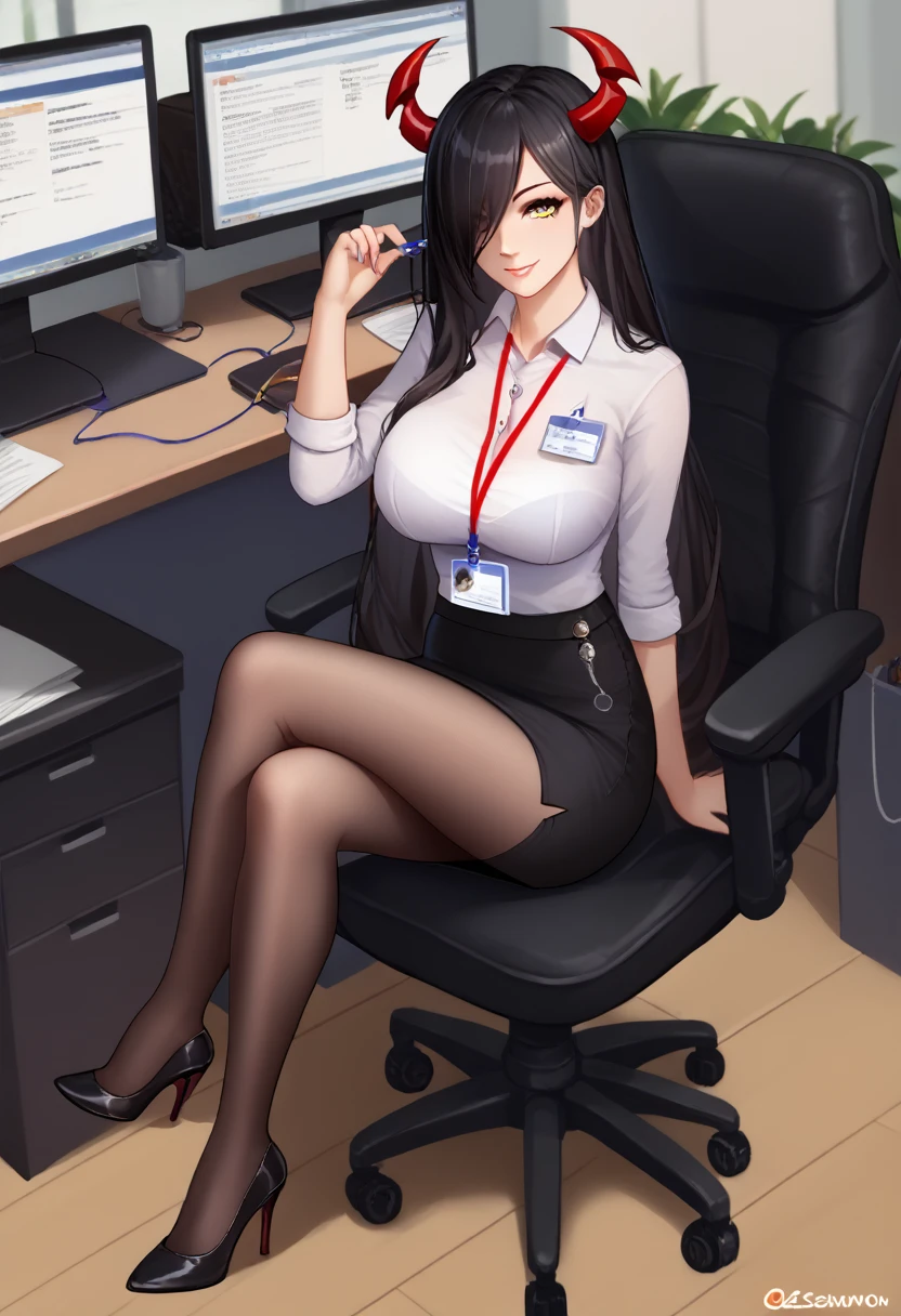 score_9, score_8_up, score_7_up, score_6_up, source_anime, 1girl, alternate costume, black footwear, black hair, black pantyhose, black skirt, breasts, chair, collared shirt, computer, crossed legs, desk, full body, hair over one eye, high heels, horns, id card, indoors, lanyard, large breasts, long hair, looking at viewer, office lady, pantyhose, pencil skirt, shirt, sitting, skirt, smile, solo, swivel chair, taut clothes, taut shirt, very long hair, yellow eyes, azlnfrdrchdg, good_hands