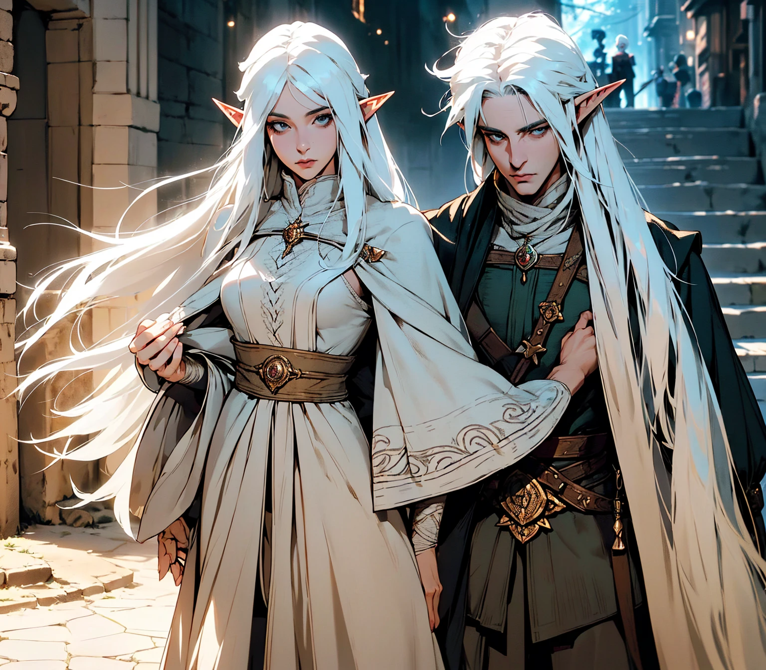 Male and female elf walking on the streets of a medieval city,(white hair handsome male elf:1.6), (woman elf white hair:1.6), {work of art} {anatomically correct}, (1 male, 1 female:1.6), best qualityer, , long hair, vibrant eyes, vitorian attire, smile, looking at the viewer, (white hair female elf), cloused mouth, Fantasy aesthetic, highy detailed,dynamic poses, shadowverse style, elf ear, Get ready to dive into a world where beauty and craftsmanship merge perfectly, anatomically correct.