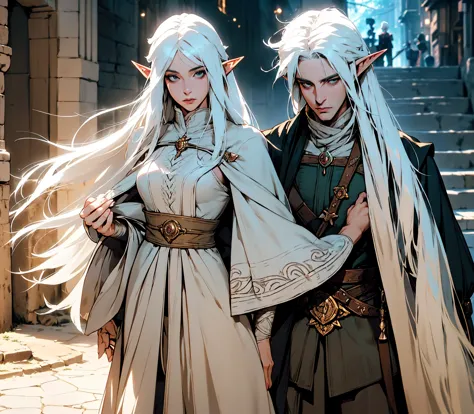 Male and female elf walking on the streets of a medieval city,(white hair handsome male elf:1.6), (woman elf white hair:1.6), {O...