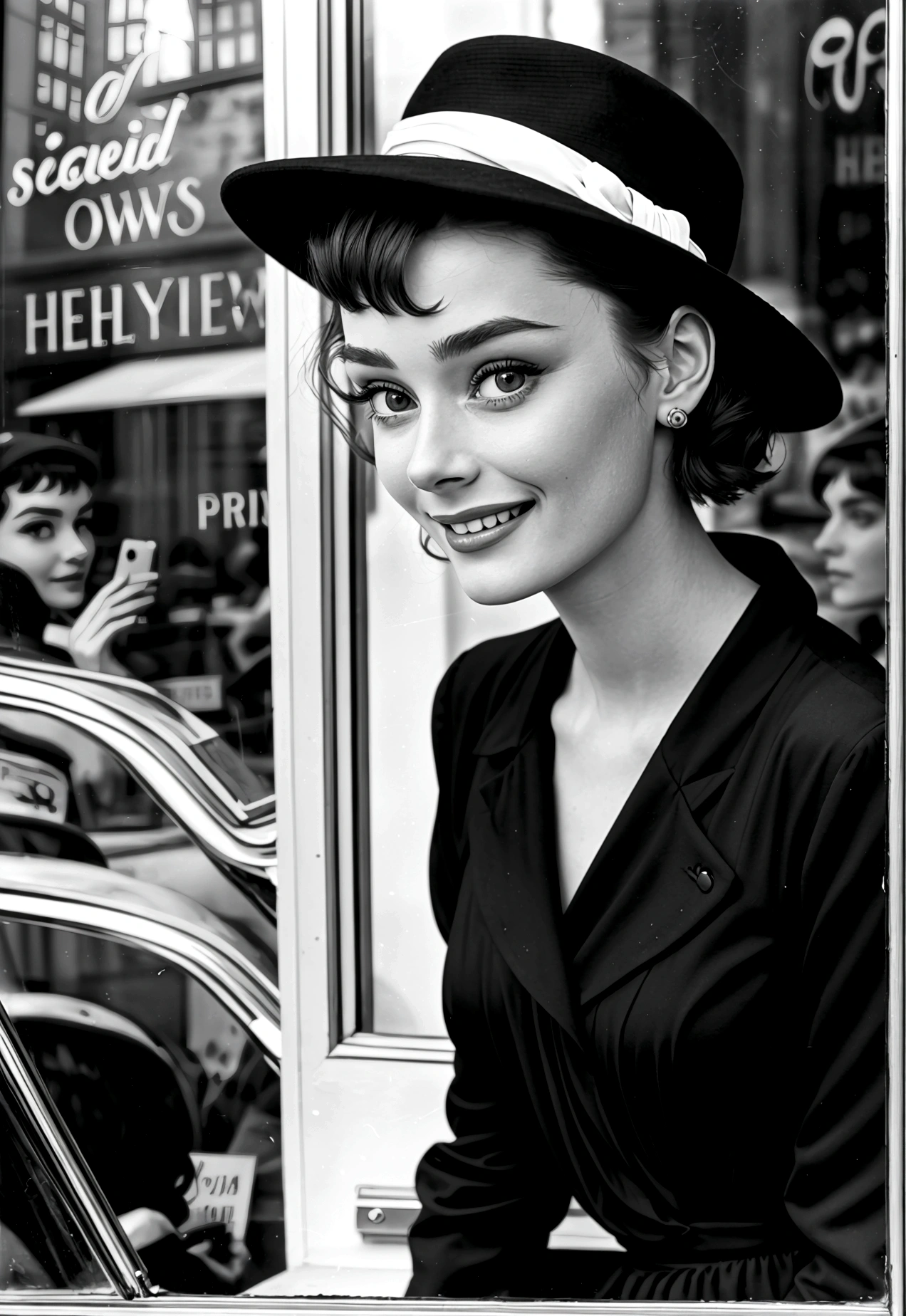 Fotografia de uma mulher de 20 anos que se assemelha a Audrey Hepburn: cabelo escuro curto, olhos grandes e expressivos e um elegante, sorriso discreto. A mulher olha para a vitrine de uma loja de chapéus, na cidade de Nova York no ano de 1950. olhos perfeitos, nariz perfeito, boca perfeita, fotografia em preto e branco dos anos 1950, 8K, fotografia realista --semente 1751055599