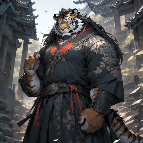 (黑色tiger),(黑色General战袍),Holding a sword,Powerful gesture,Stand confidently and proudly,(边塞Great Wall与沙漠戈壁为背景:1.2.Great Wall),abd...