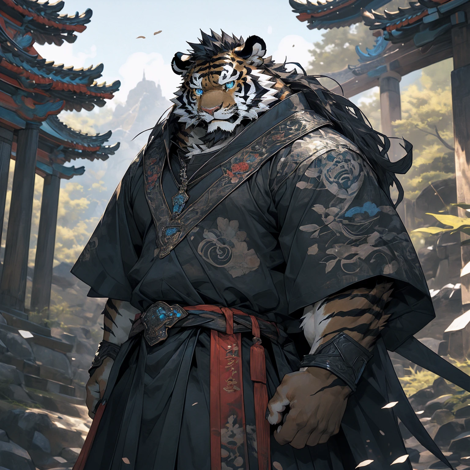 (黑色tiger),(黑色General战袍),Holding a sword,Powerful gesture,Stand confidently and proudly,(边塞Great Wall与沙漠戈壁为背景:1.2.Great Wall),abdominal muscles,Heroic Stance飒爽,完美的masterpiece,Various facial details,Long-term perspective,specific description,masterpiece,CG,(Light blue eyes),Light black pattern,Black tail,General,Heroic Stance,tiger,Black fur,Specific facial details,Half Body,(黑炭General战履),(Chang Ling),((middle aged)),(Face Focus),(16K),HD,Red and white belly,temple,beard,(Face line),Different students,(Black shirt),(Light black hair),Strong,muscle,(high resolution:1.3),Chinese style general holding a long sword，眺望远方 黑色皮毛tiger