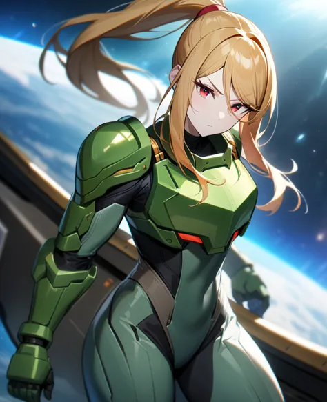 1girl,samus aran,solo,red eyes,brown hair,green power armor,ponytail,pale green skin,green chest armor,cowboy shot,in space ship...