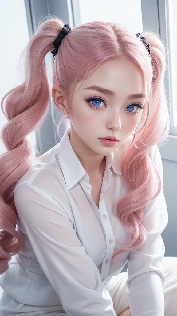 (In a pure white room with white wallpaper、Seductive and handsome poses、Posting on social media、A stylish white shirt、Stylish black trousers、Japanese 36%and Ukraine 64%of mixed race children、Age 19、A beautiful and stylish woman、Her hair is pink ash gray and super long in twin tails, twisted and curly.、Eyebrows are thin, slightly thick and short、Her big blue eyes are so pretty and beautiful、His nose is high like an Englishman&#39;s、Plump lips) ［Fingers are not visible］(Always take photos alone)(I&#39;m very confident)(Height 178cm) (To portray with precision、Highest quality、Artistic composition、Super detailed、High resolution、Dynamic Lighting Effects、Golden Ratio、Silver ratio) Do your best to fulfill all these conditions.。