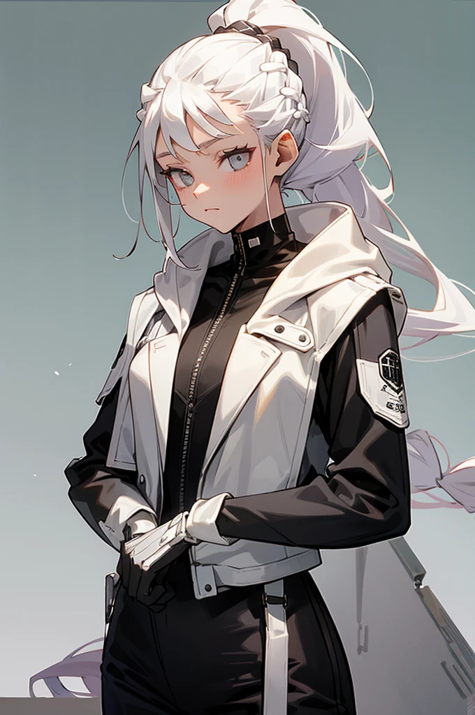 Millicent is a 21 year old young girl, tall and fit physique. She has fair skin and gray eyes with small pupils. Long wavy white hair braided into a high ponytail with many small braids. Described as an incredibly beautiful girl. Prefers to wear black clothes, gray and white colors
