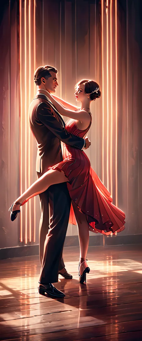 a man and woman dancing tango, art deco ballroom, 1920s, man facing forward, woman facing away from viewer, elegant dance, detai...