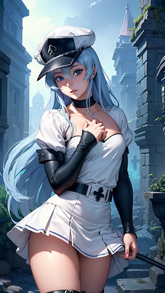 (La mejor calidad,A high resolution,Ultra - detallado,actual),Ariana Grande, (masterpiece, best quality),  intricate details,
,  Mercedes, light brown hair, long hair, hat, peaked cap, military, uniform, military uniform, choker, thighhighs, boots, thigh boots, white footwear, chest tattoo, ,(Fondo de ruinas de mazmorra en ruinas:1.4 ),( Ariana Grande :1.4),( perfect anatomy :1.4), (cinematic lighting :1.4), More detailed 8K.motor irreal:1.4,UHD,La mejor calidad:1.4, fotorrealista:1.4, textura de la piel:1.4, obra maestra:1.8,obra-prima, mejor calidad,objeto Objeto], (detailed face features:1.3),(Las proporciones correctas),(Ojos hermosos azules),  (pose vaquero), full lips, ((blond hair:1)), (long wavy hair: 1.2), (ojos hermosos :1.4), (skirt lifted by itself: 1.1), (skirt lift: 1.3), (showing white panties: 1.3), (Esdeath | Akame Ga Kill:1.4),( dedos perfectos :1.4) 
