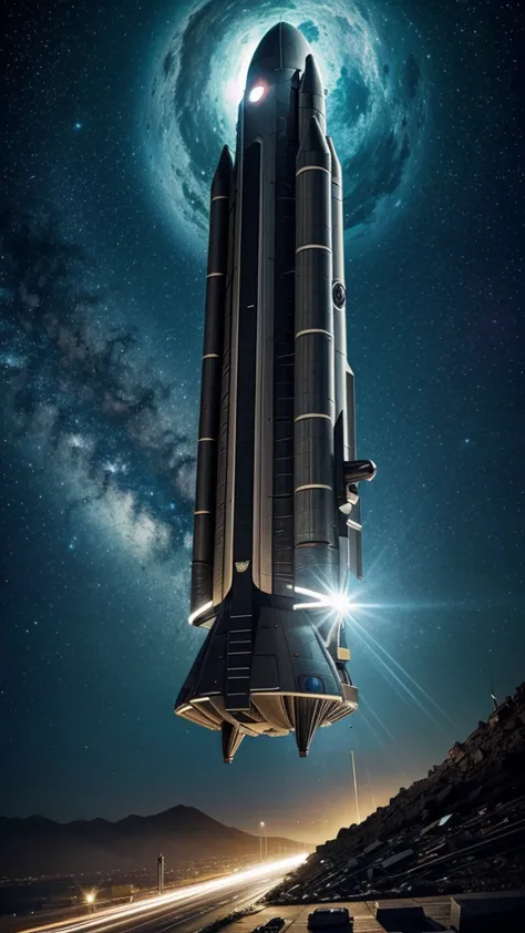 Uma gigantesca nave espacial, illustration, epic,  sobrevoando uma grande cidade em plena luz do dia.