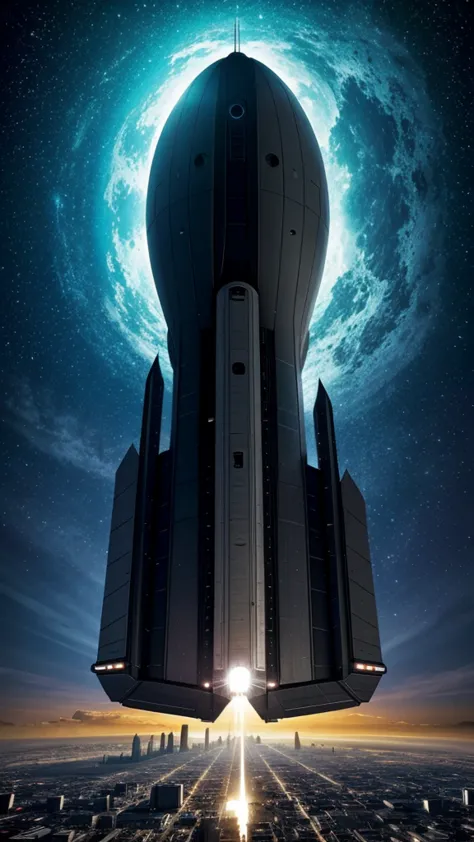 Uma gigantesca nave espacial, illustration, epic,  sobrevoando uma grande cidade em plena luz do dia.