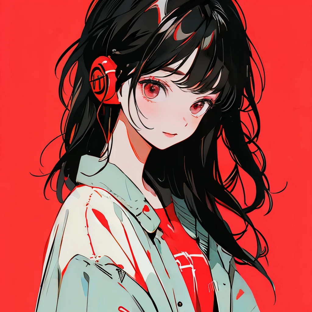 masterpiece、One Girl、Black Hair、Fashionable clothes、Bright red background、Wearing headphones