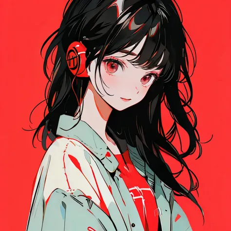 masterpiece、One Girl、Black Hair、Fashionable clothes、Bright red background、Wearing headphones