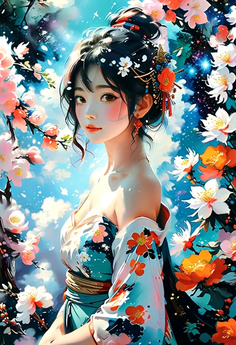 uma mulher ajoelhada rezando, detalhes intrincados da pintura das florestas japonesas, por range murata, galaxy in the backgroun...