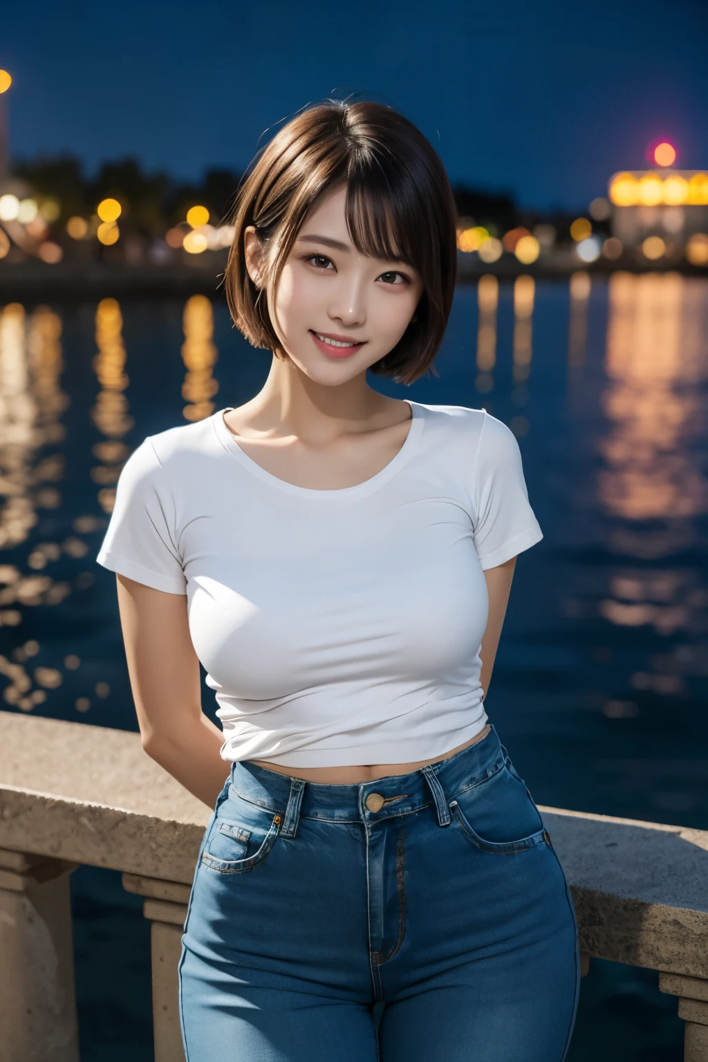 One girl, no make-up, natural make-up,(blush:0.7), from above,((short hair)), shaggy hair, big breasts,. Dynamic pose, viewer attention, happy, smiling, showing to viewer,(bent over, arms behind back), standing broadly,(close-fitting T-shirt with large neck opening, denim hot trousers:1.2), hair floating, wind blowing, flamboyant style, night sea, stillness, reflection , (SLR),Dark,Dark theme,Night,Masterpiece,Official art,Top quality,Realistic,Super high resolution,Sharp,Ray tracing,Volumetric,