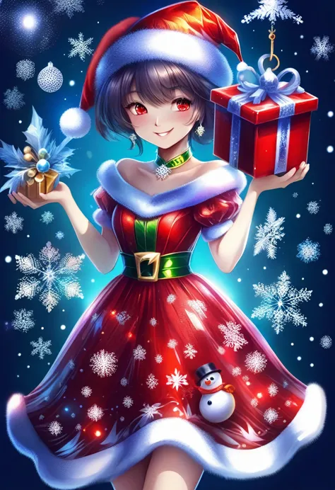FrostedStyle, beautiful girl wearing red Christmas dress is holding a Christmas gift, a big happy smile with closed eyes, (spark...