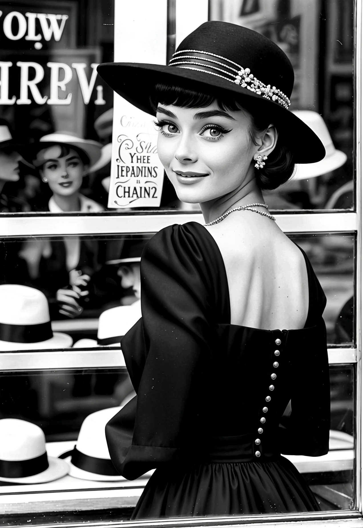 Photograph of a 20-year-old woman who looks like Audrey Hepburn looking at hats in a hat shop window, pelo corto y oscuro, ojos grandes y expresivos y una sonrisa elegante y sobria, in New York City in the year 1950. Ojos perfectos, nariz perfecta, boca perfecta, black and white photography from the 50&#39;s, 8k, realistic photography --seed 1751055599